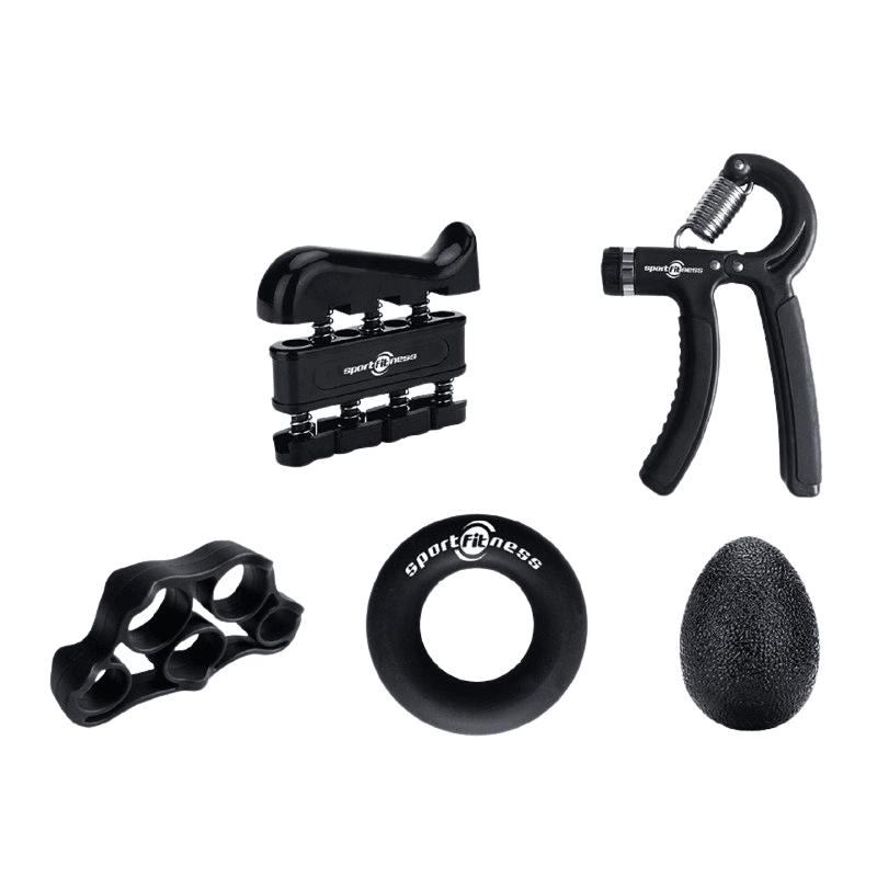 Set fortalecedor de mano 5 en 1 SportFitness modelo HGS-501, incluye grip ajustable, ejercitador de dedos, anillo de silicona y bola antiestrés.