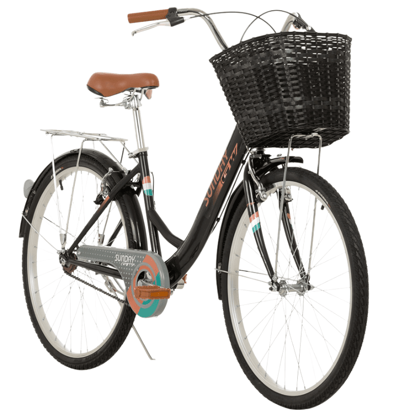 Bicicleta playera GW Sunday rodada 26 con canasta delantera, diseño urbano vintage en negro y blanco perlado, ideal para ciudad y paseos recreativos.