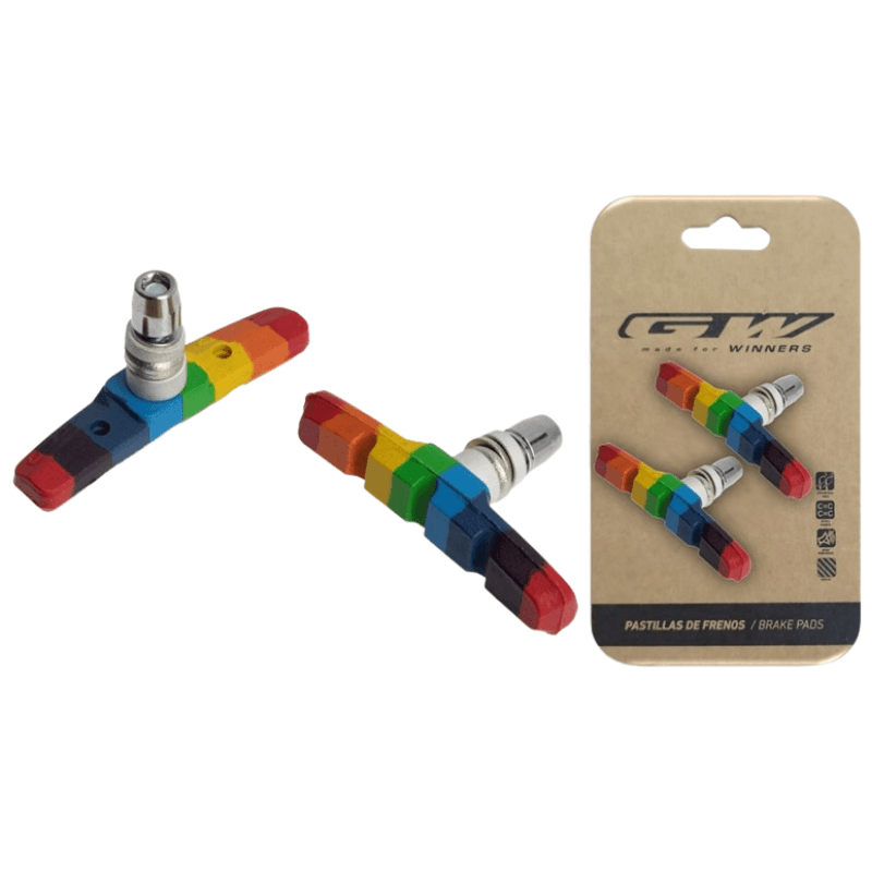 Zapata de freno V-Brake GW M-947V de 70 mm en diseño multicolor, ideal para bicicletas urbanas o MTB, incluye empaque con dos unidades.